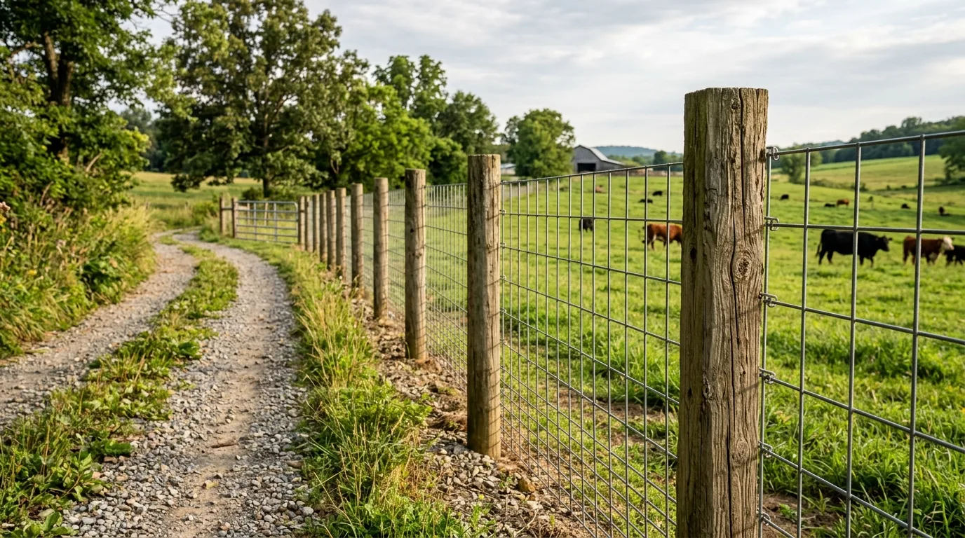Cattle Panel Fence With Wooden Posts and Gravel Path